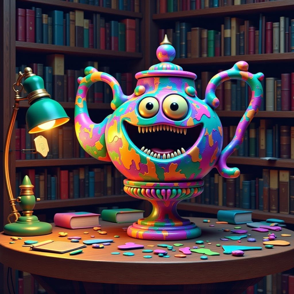 Terrified Teapot in Library Amidst Psychedelic Art