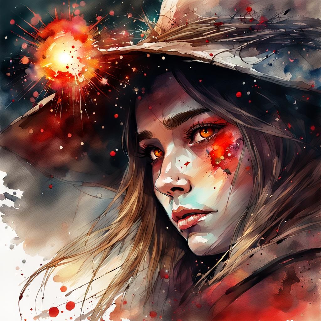 Stunning Witch with Glowing Eyes in Watercolor Art