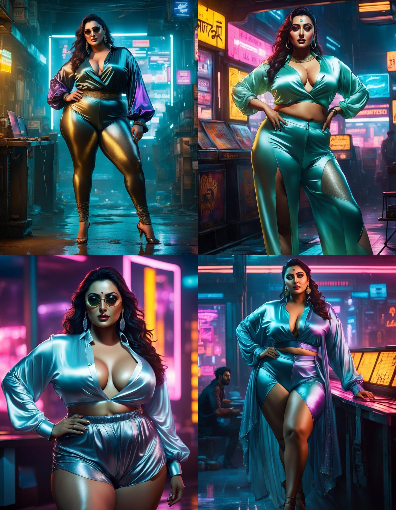 Curvy Woman with Wet Body View in Cyberpunk Neon