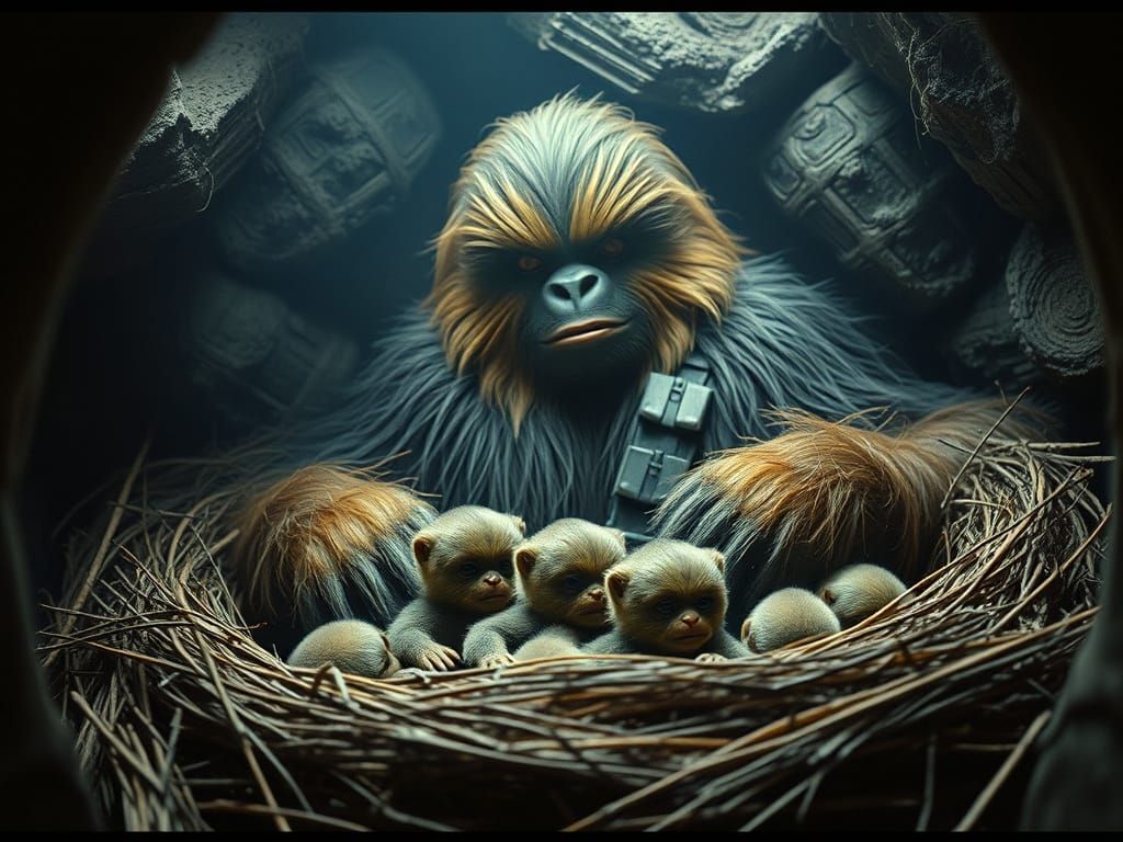 Mother Wookiee and Babies in Nest: Cinematic Still