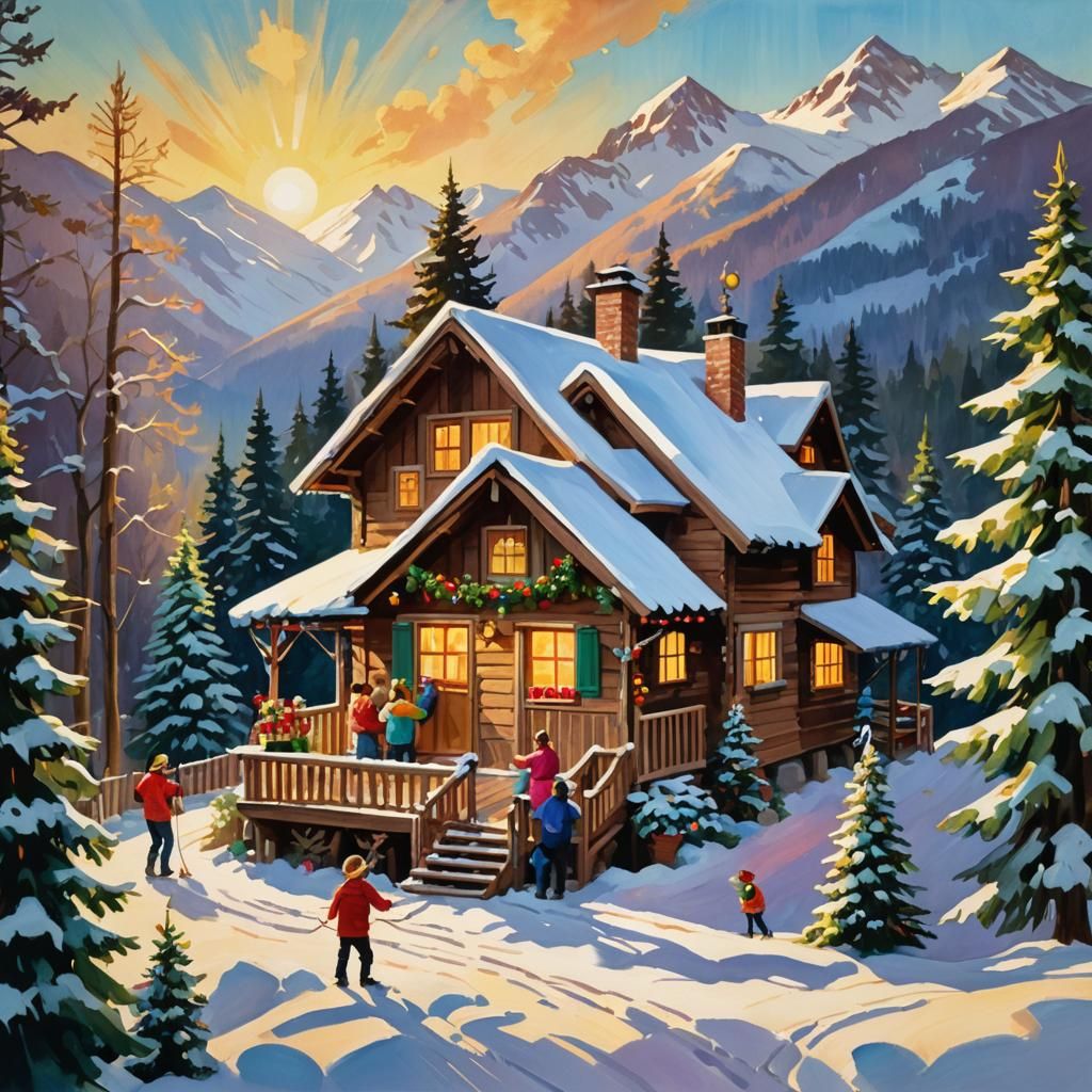 Impressionist Gouache: Friends Celebrate New Year in Mountai...