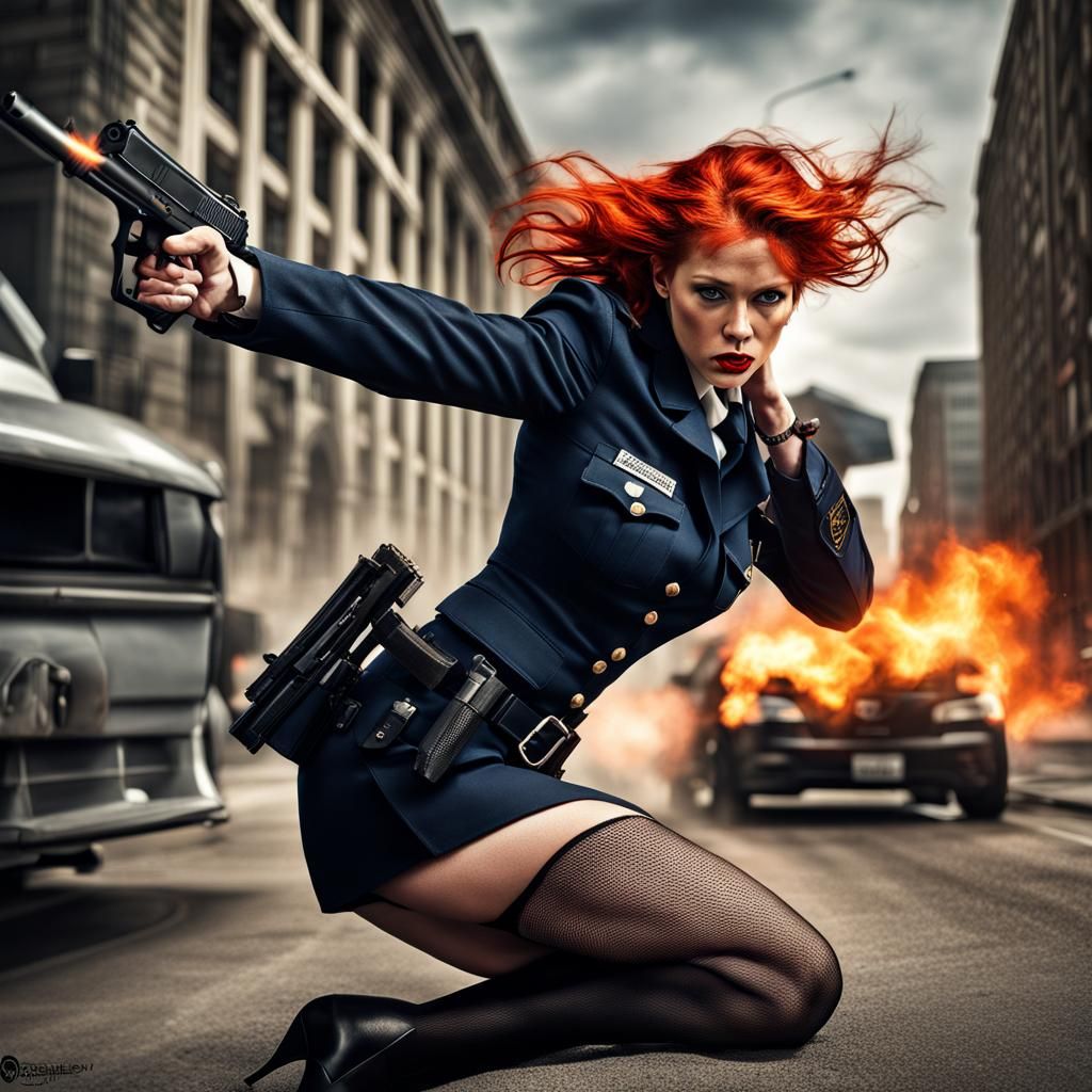 Flaming red-haired female policewoman, fishnet stockings, hi...