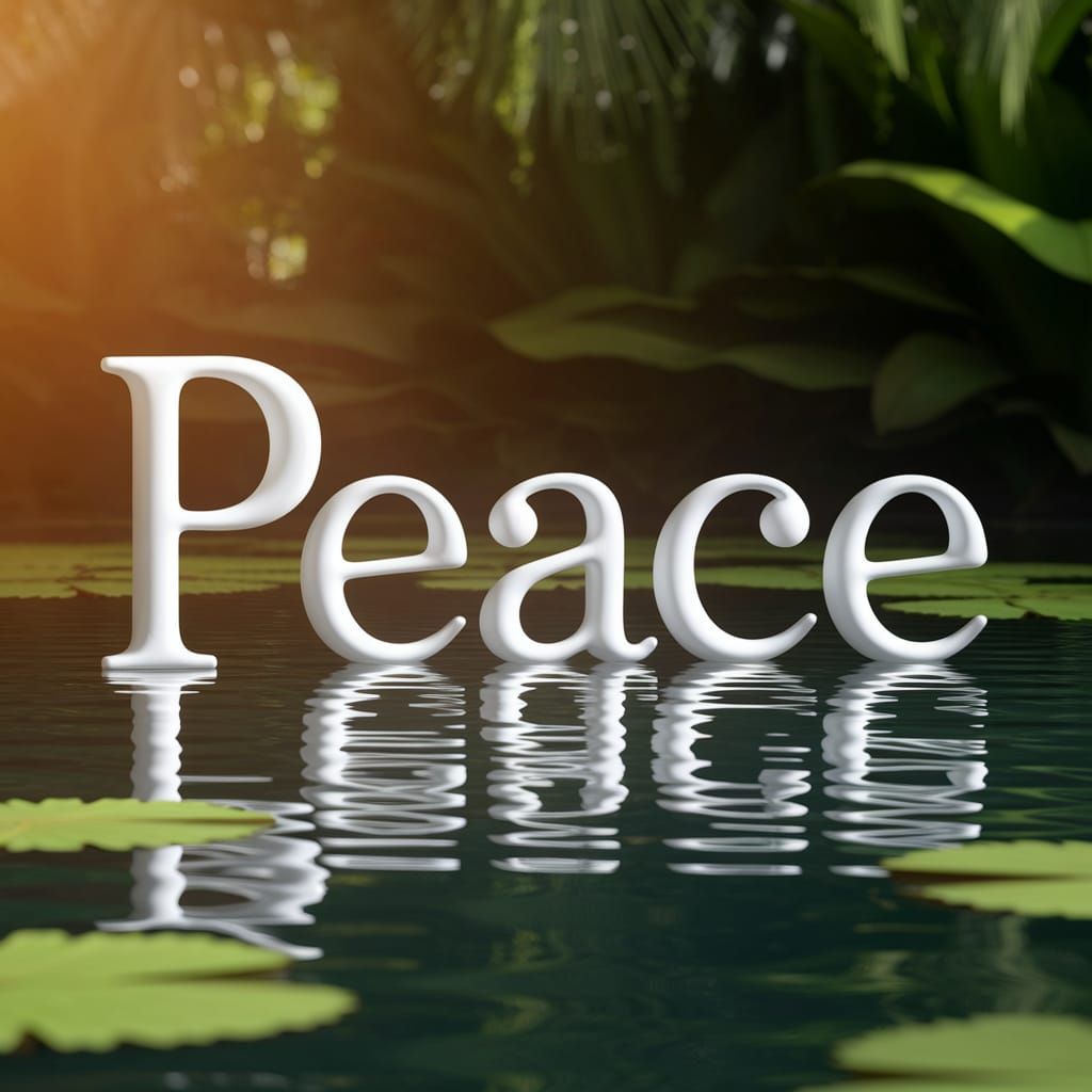 Peaceful Tropical Scene with Floating Letters in 3D Font