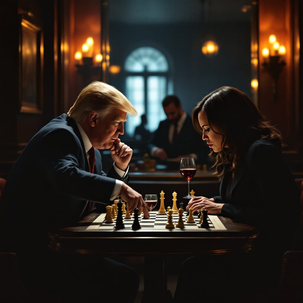 Trump Checkmates Harris: Chess Game in a Dimly Lit Bar