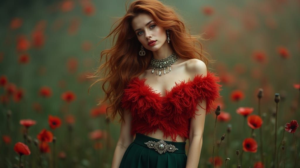 Model in Poppy-Inspired Outfit, Impressionistic Art Nouveau