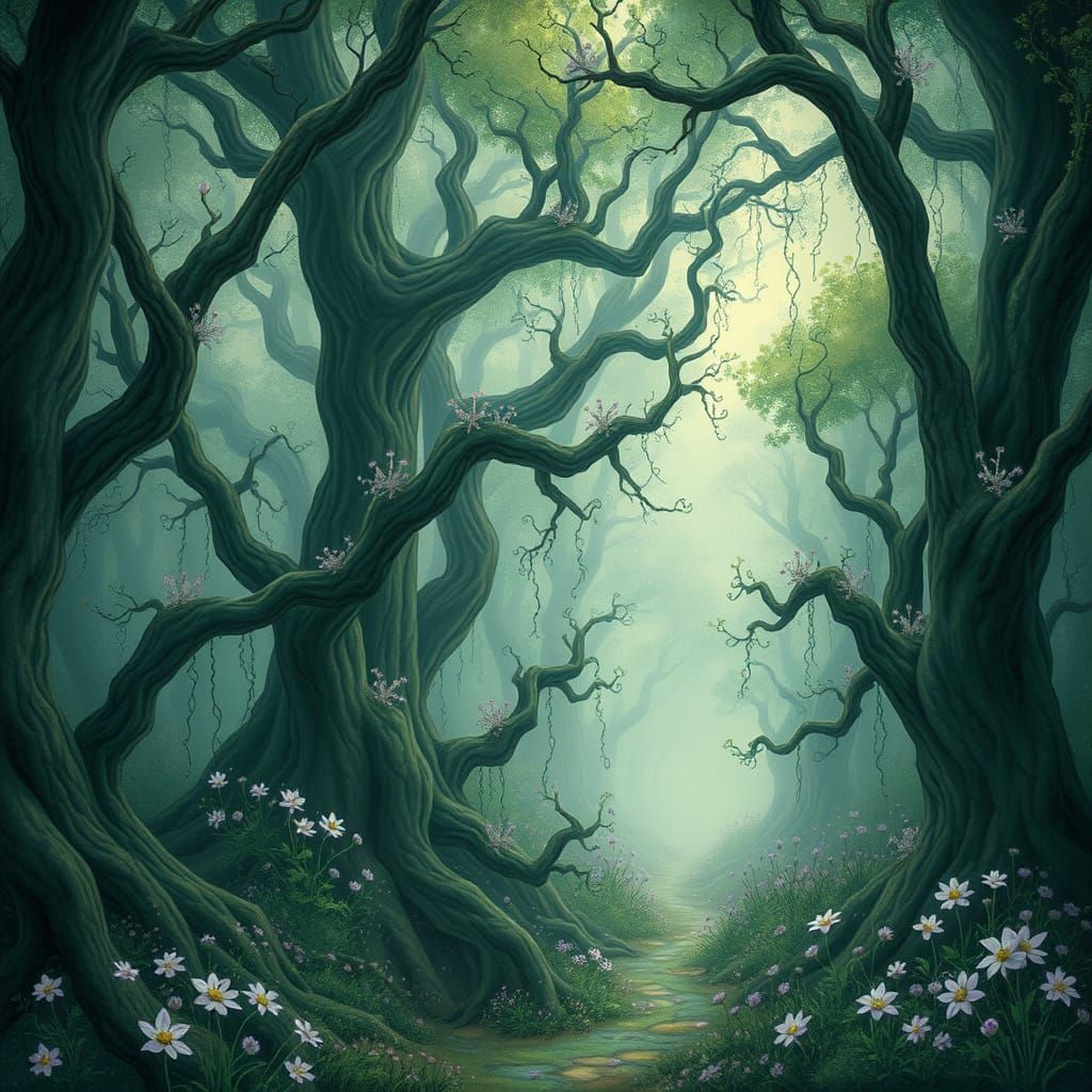 Whimsical Forest in Dreamy, Ethereal Light