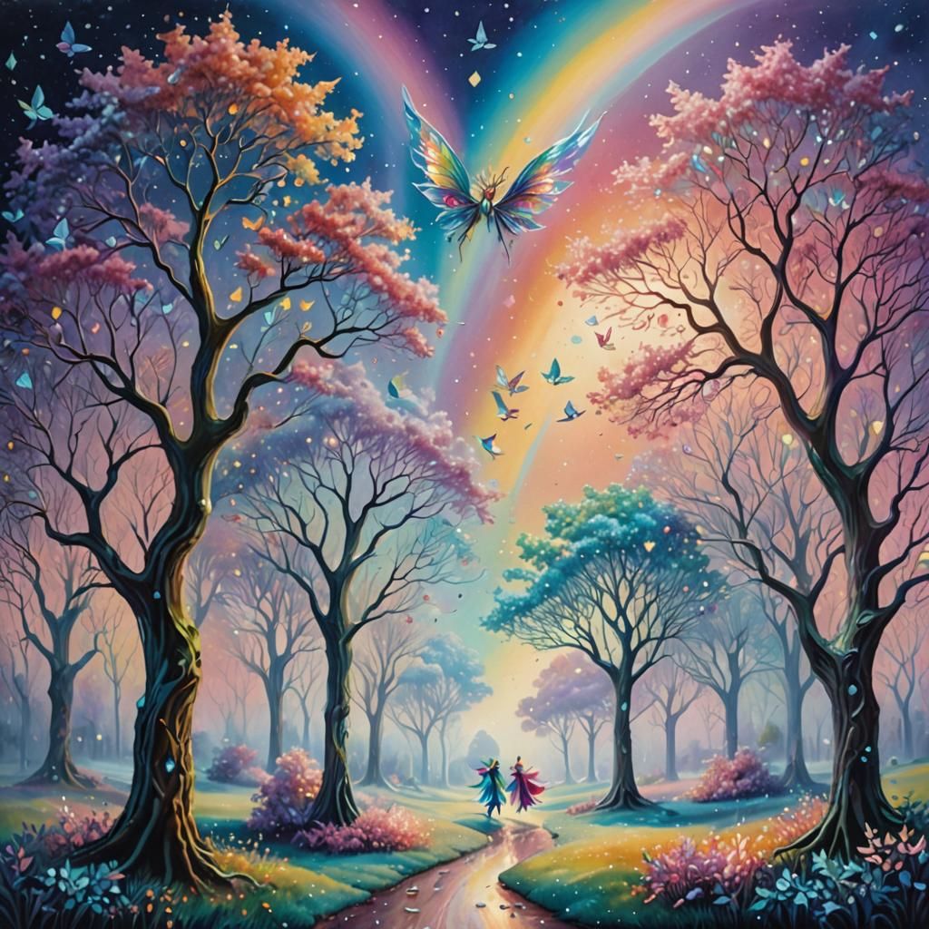 Elves in Diamond Forest: Surrealist Oil Painting