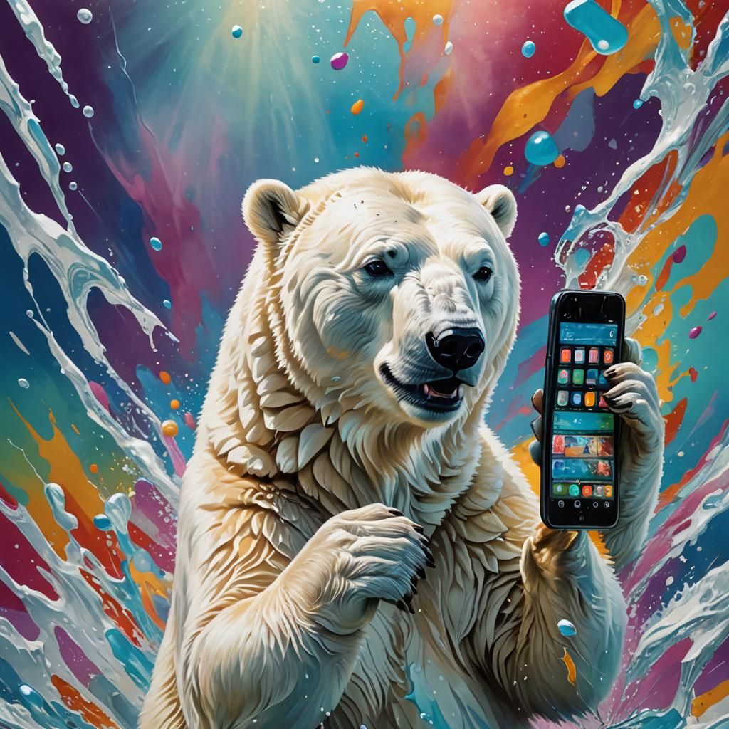 Hyperrealistic Polar Bear Absorbed by Cell Phone