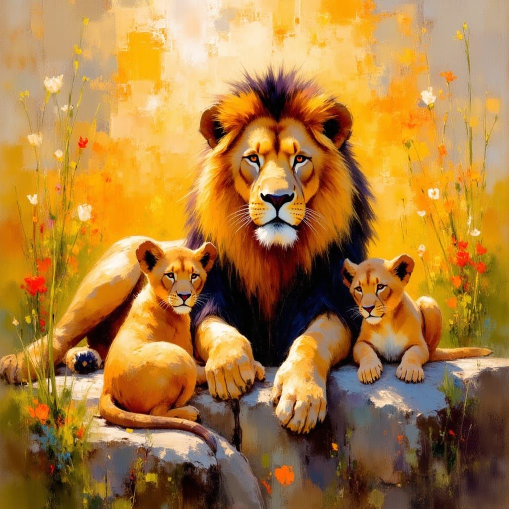 Majestic Lion and Cubs in Golden Hour Impressionist Style