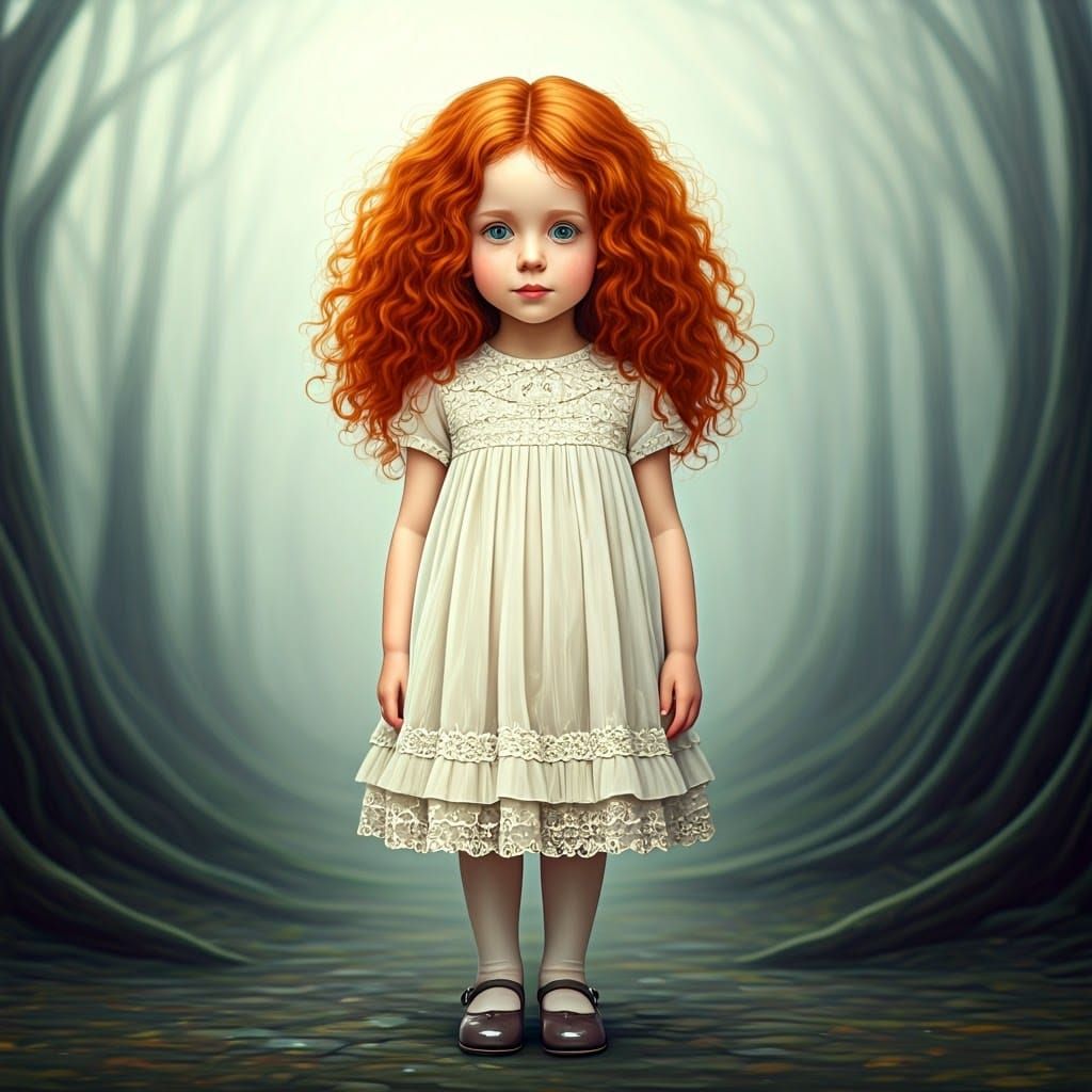 Girl with Red Hair in Misty Forest