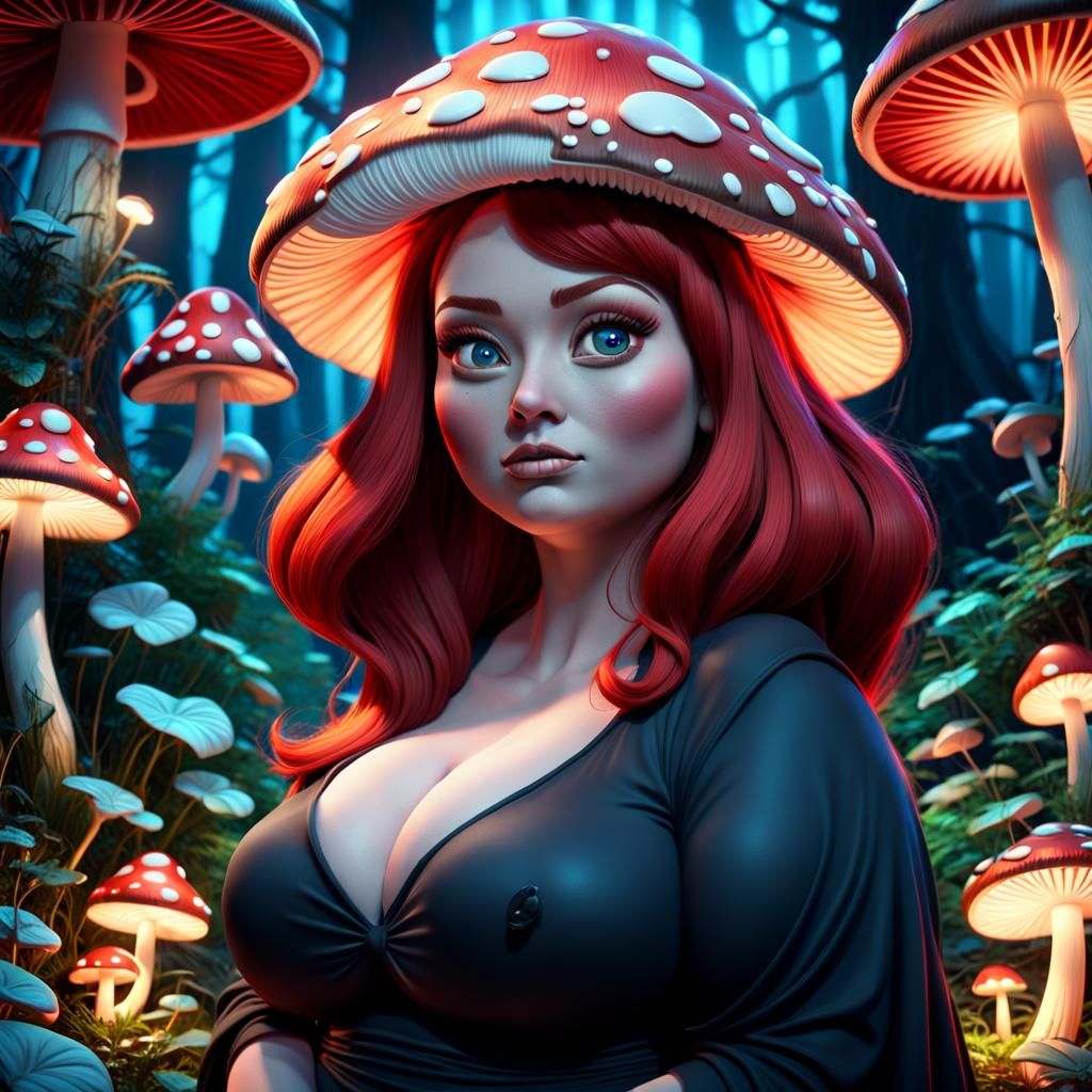 Kawaii Mushroom Woman in Magic Forest, 3D Art