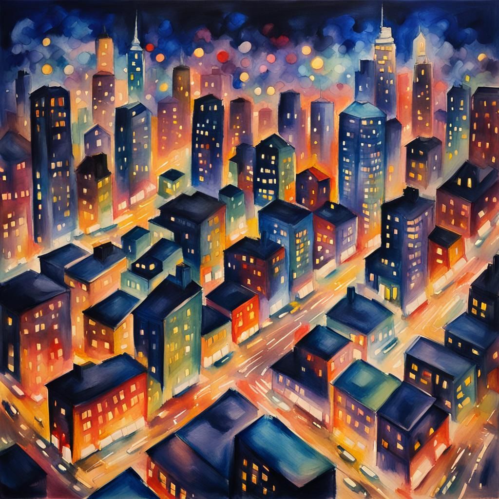 Vibrant Cityscape at Night in Impressionist Watercolor Style