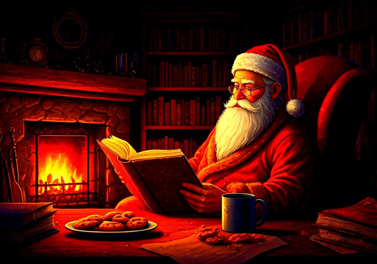Santa Claus Reading by Firelight in Cozy Study