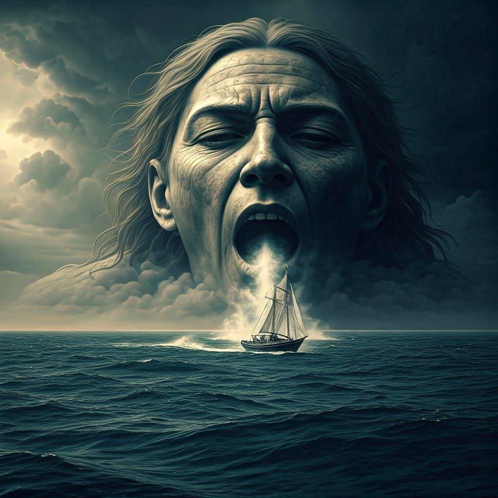 Colossal Face Windswept Boat in Dramatic Skies