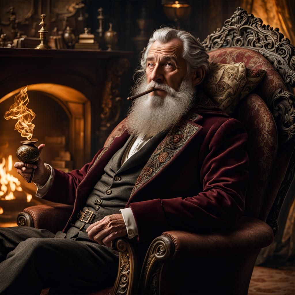 Detailed Rococo Hobbit Smoking Pipe in Armchair