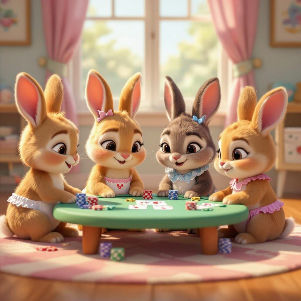 Four Adorable Bunnies Play Poker in a Playroom