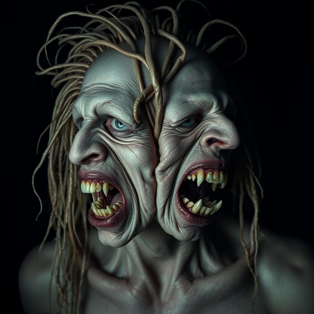 Distorted Dual Face Portrait in Biomechanical Style