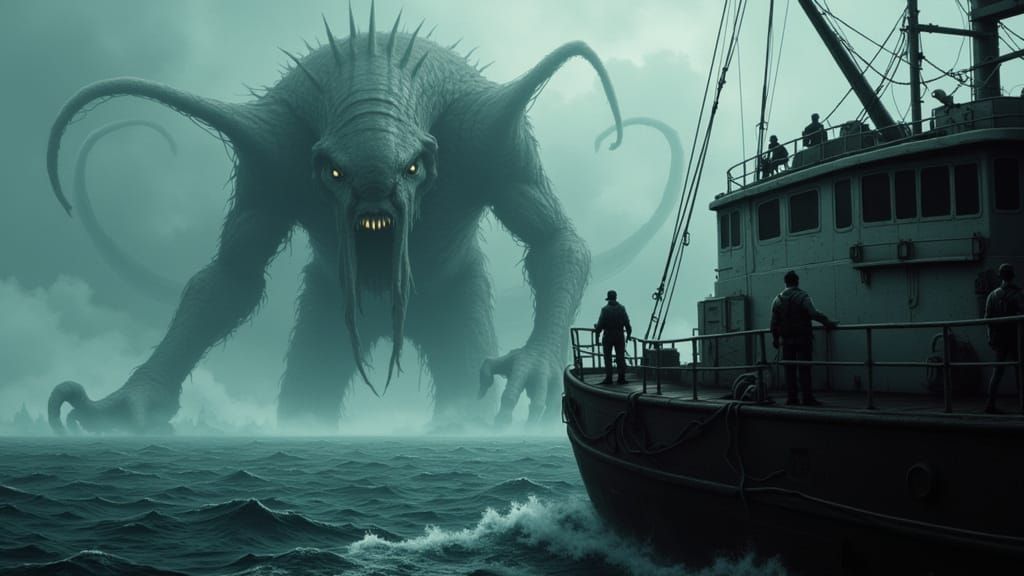 Cthulhu Looms Over Fishing Boat in Sepia Punk Style