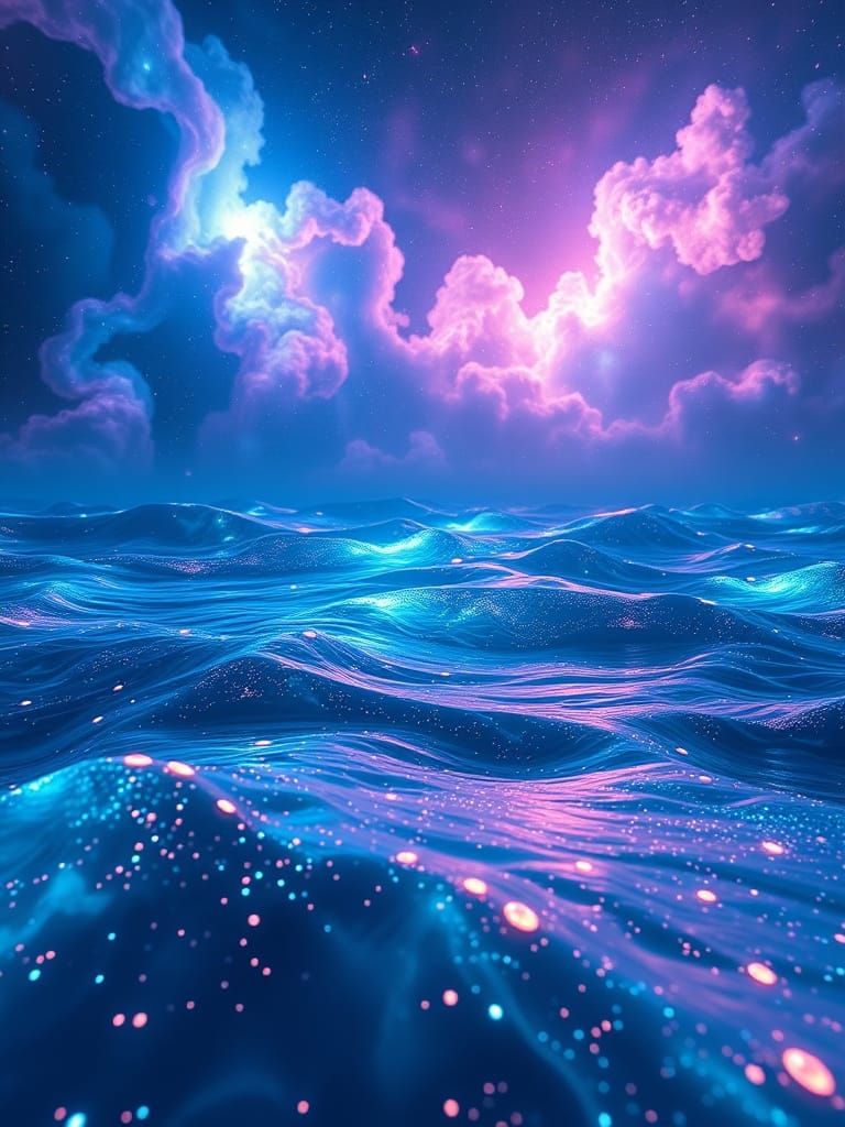 Bioluminescent Cosmic Ocean in Liquid Watercolor Style