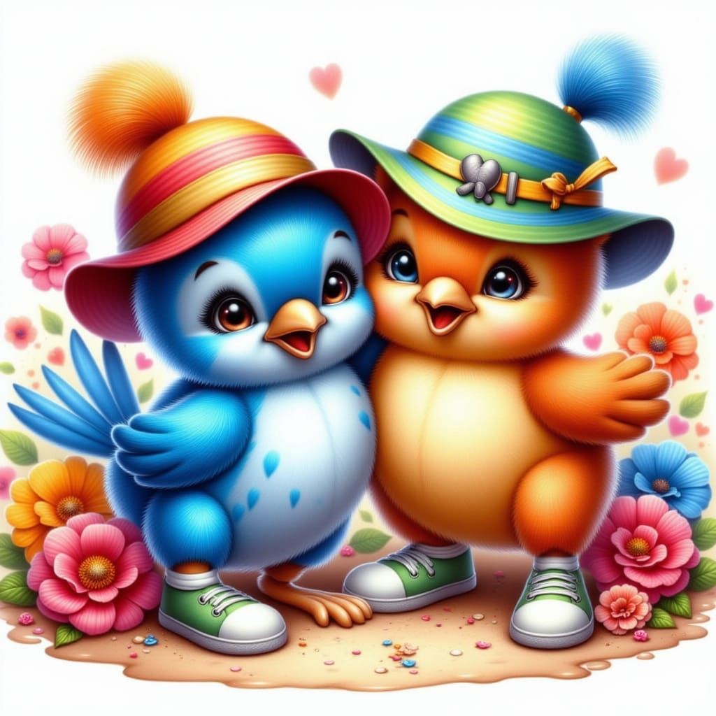 Cartoon Birds with Hats and Sneakers Illustration