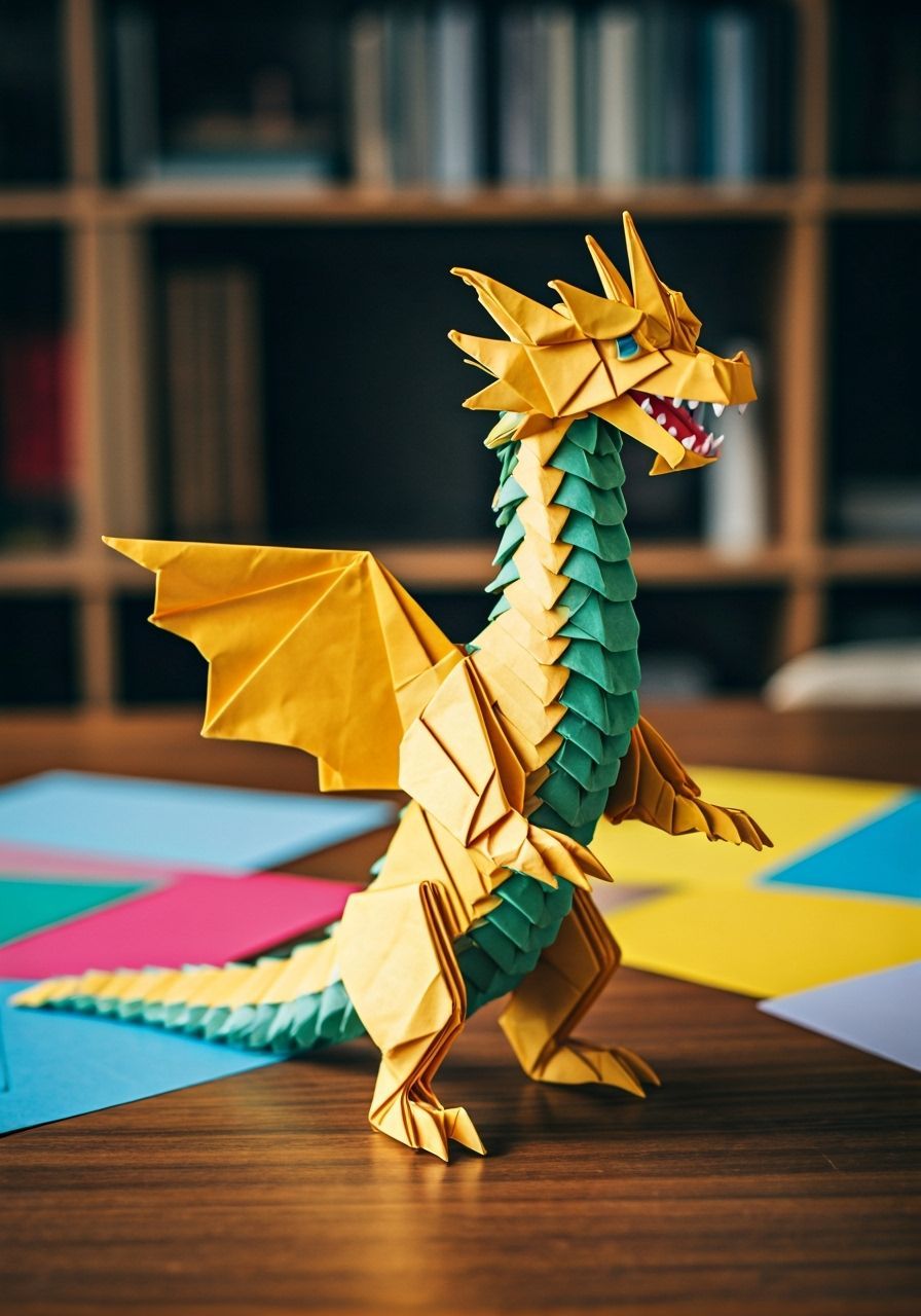 Origami Dragon Perched on a Table as Digital Art