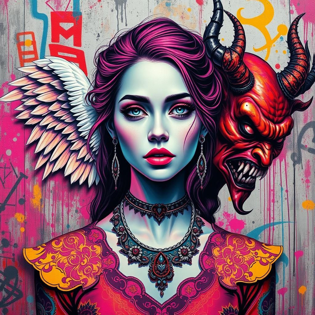 Woman Torn Between Good and Evil, in Graffiti Style