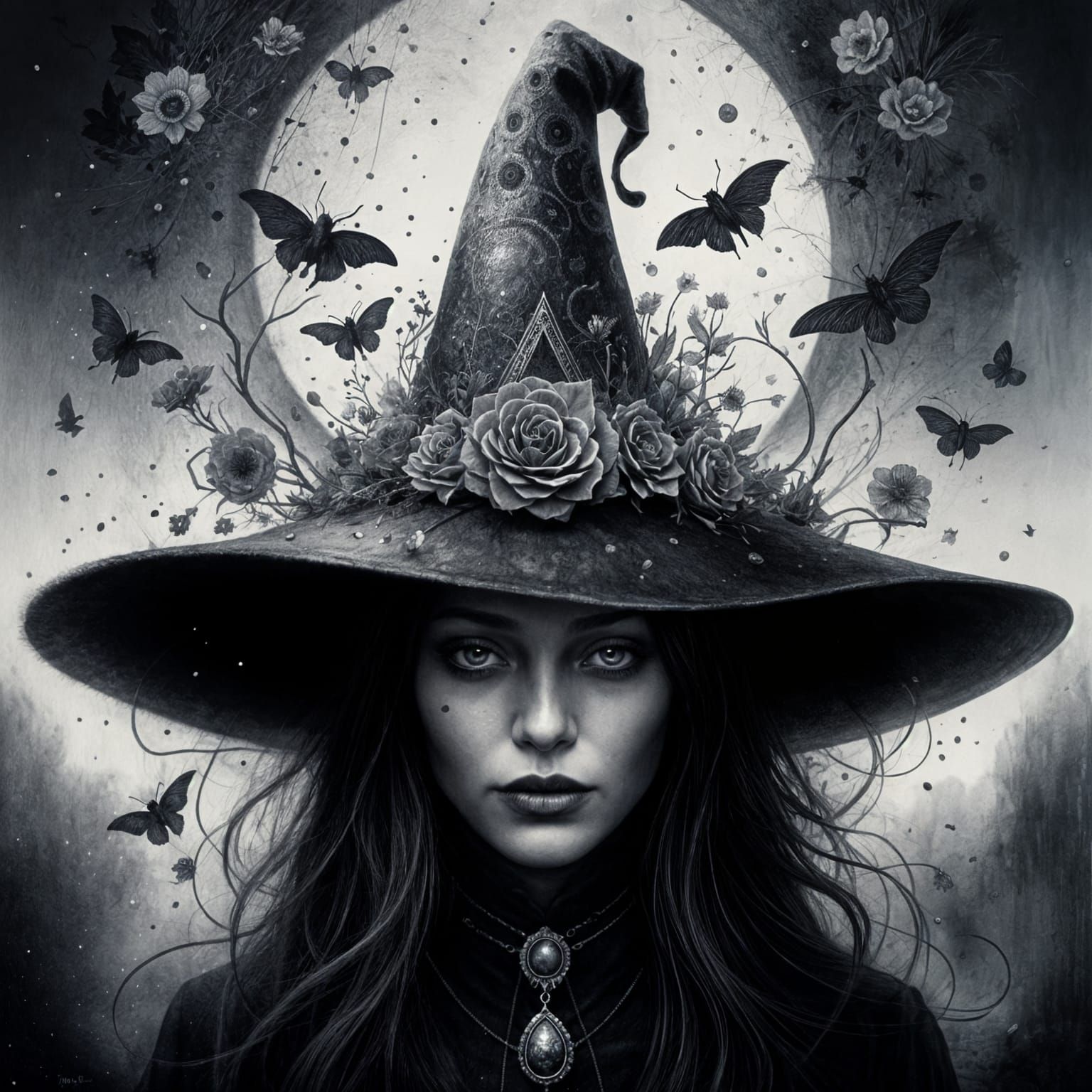 Mysterious Witch Portrait with Floral Hat and Glitter Rain