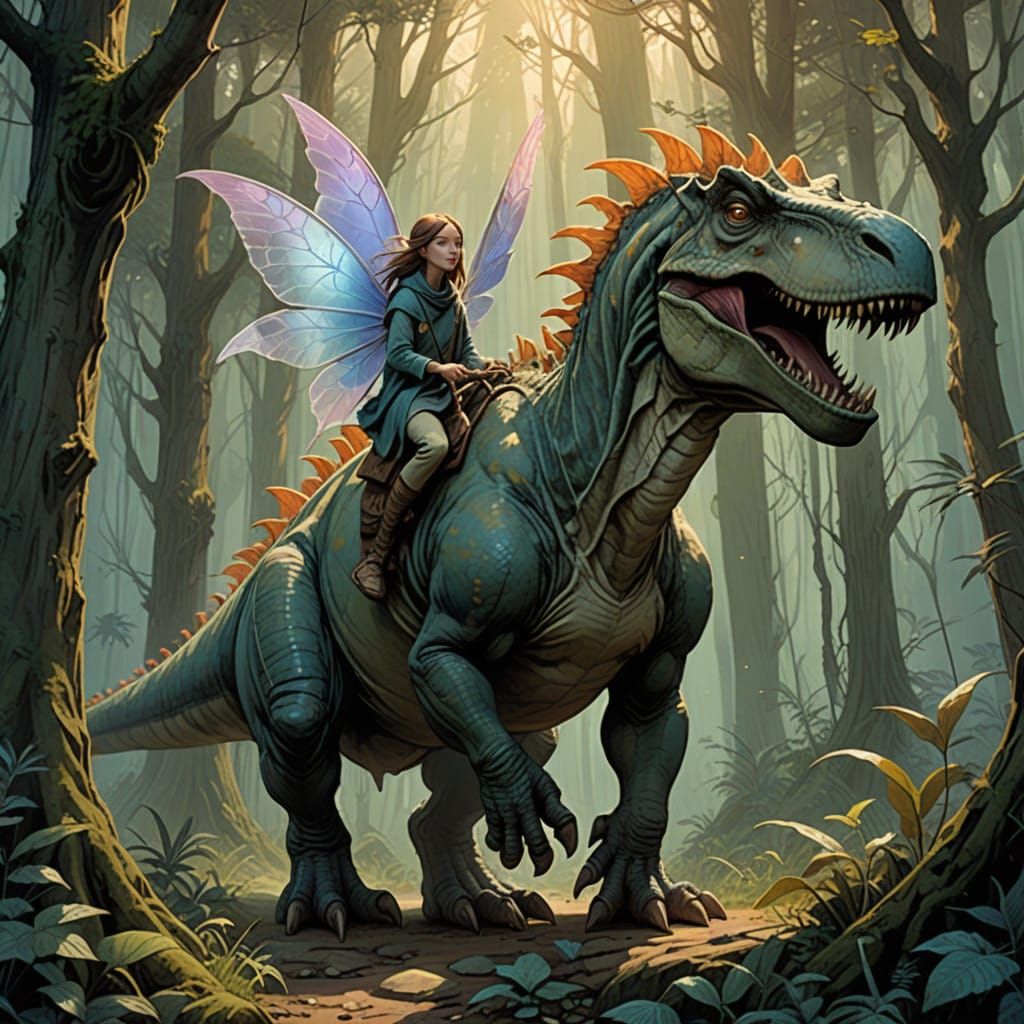 Girl Riding Tyrannosaurus Rex in Enchanted Prehistoric Fores...