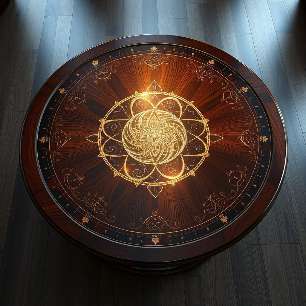 Intricate Occult Cherry Wood Table in Hyper-Realism