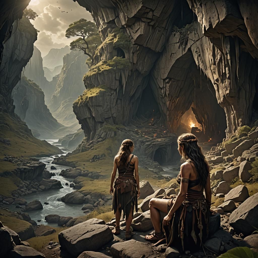 Wild Cave Woman: Detailed Matte Painting
