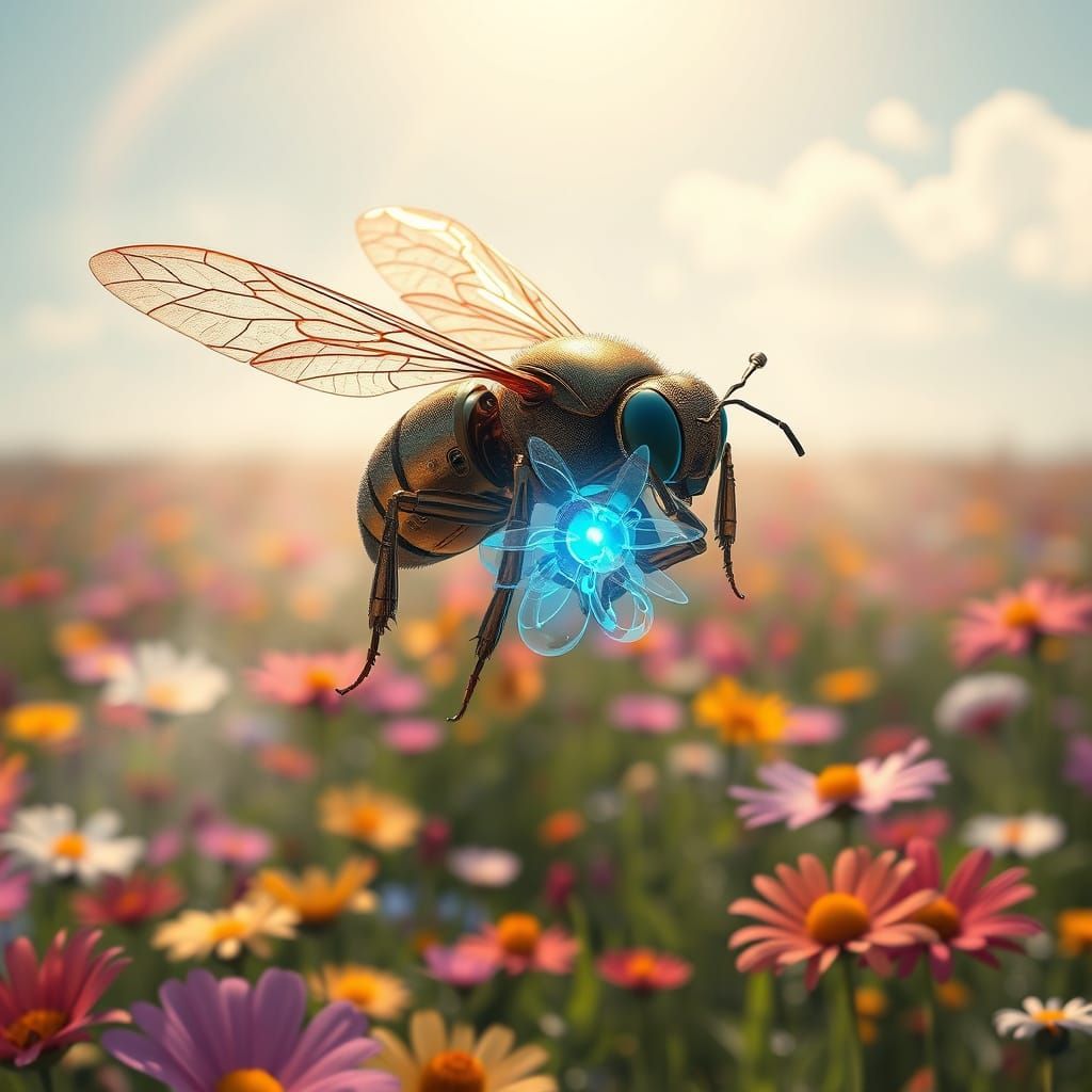Steampunk Bee in Vibrant Bio-Mechanical Flower Scene