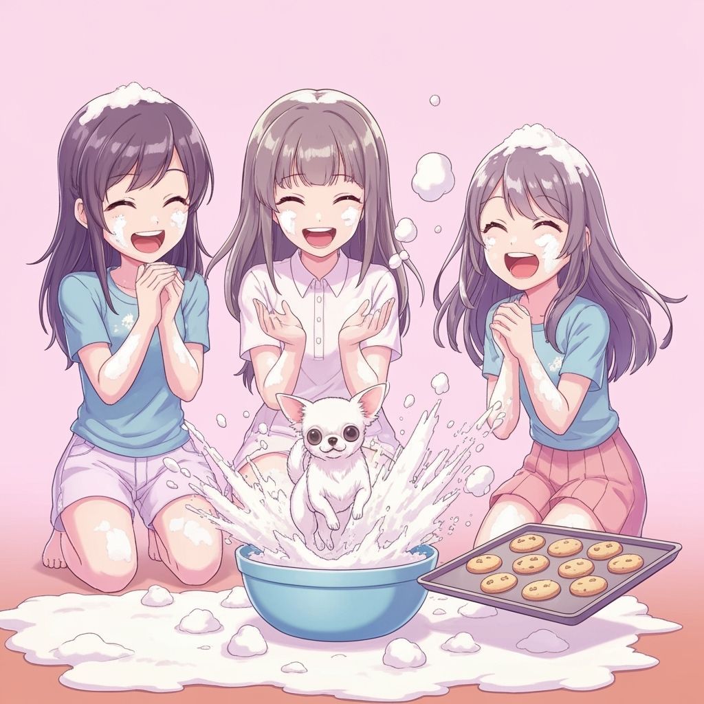 Flour Explosion: Chihuahua Accident in Pastel Cartoon Style