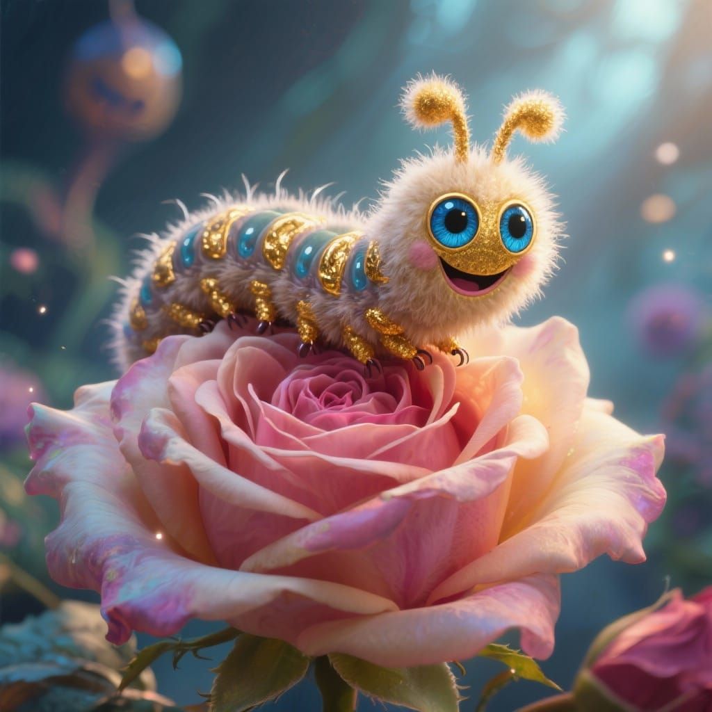 Fluffy Caterpillar with Golden Eyes on Fantasy Rose