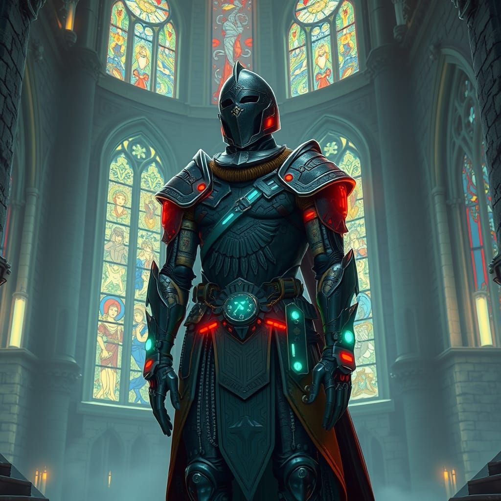 Cyberpunk Warrior in Castle Inspired by Syd Mead