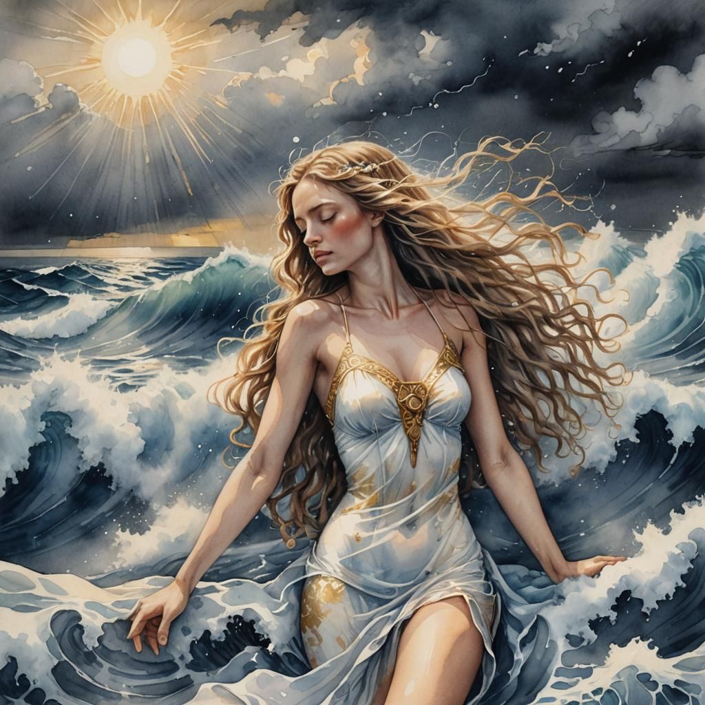 Luminescent Woman Sleeping Peacefully During Ocean Storm