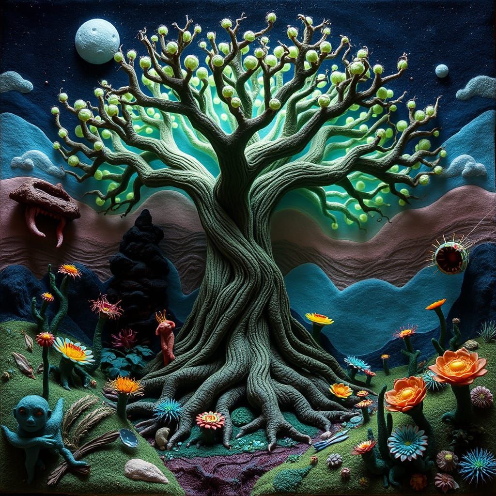 Bioluminescent Felt Tree in Alien Landscape