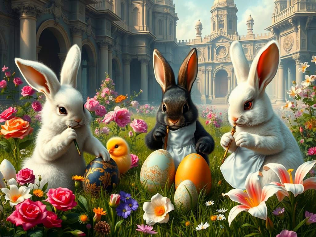 Bunnies Painting Easter Eggs in Renaissance Style