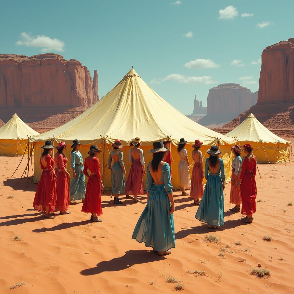 13 Women in Vibrant Outdoors Gear Gather Around Gold Tents i...