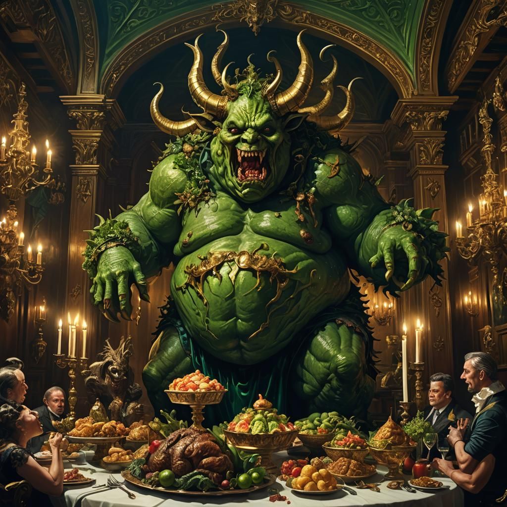 Grotesque Demon of Gluttony in Opulent Feast Hall