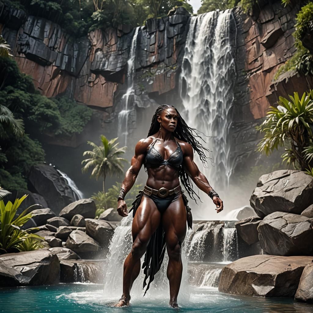 Hyperrealistic Bodybuilder Emerges in Tropical Light