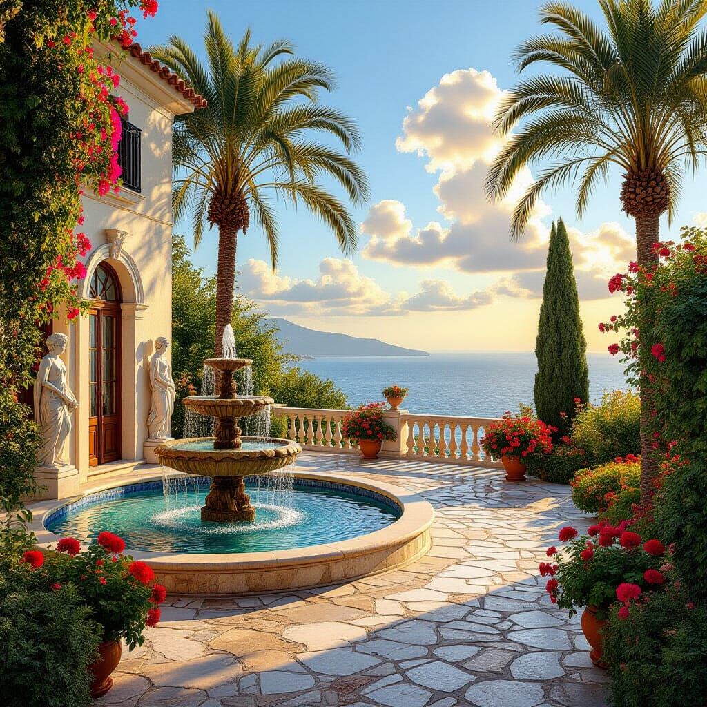 Idyllic Greek Courtyard with Mediterranean Foliage