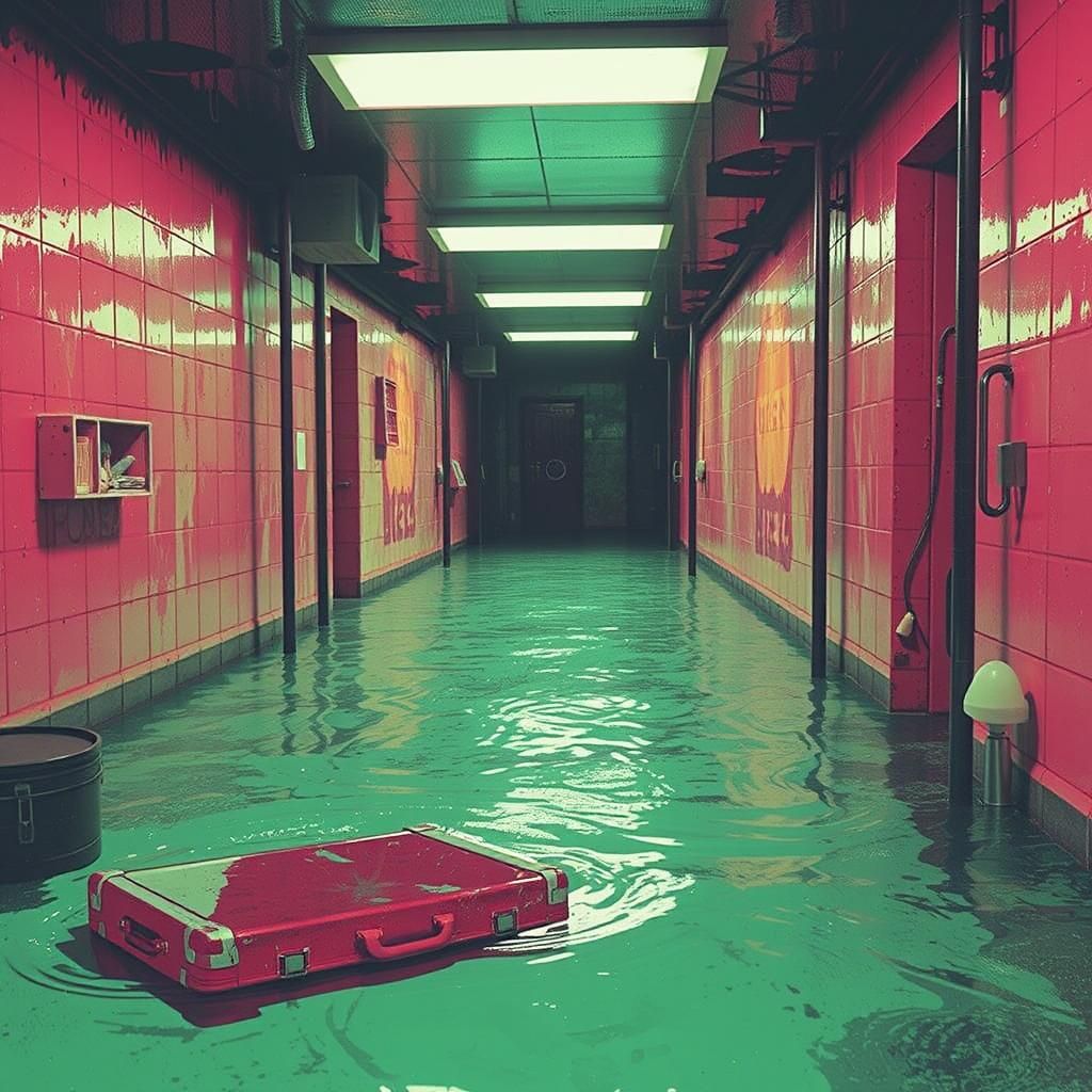 Underwater Horror: Red Suitcase in Submerged Hallway