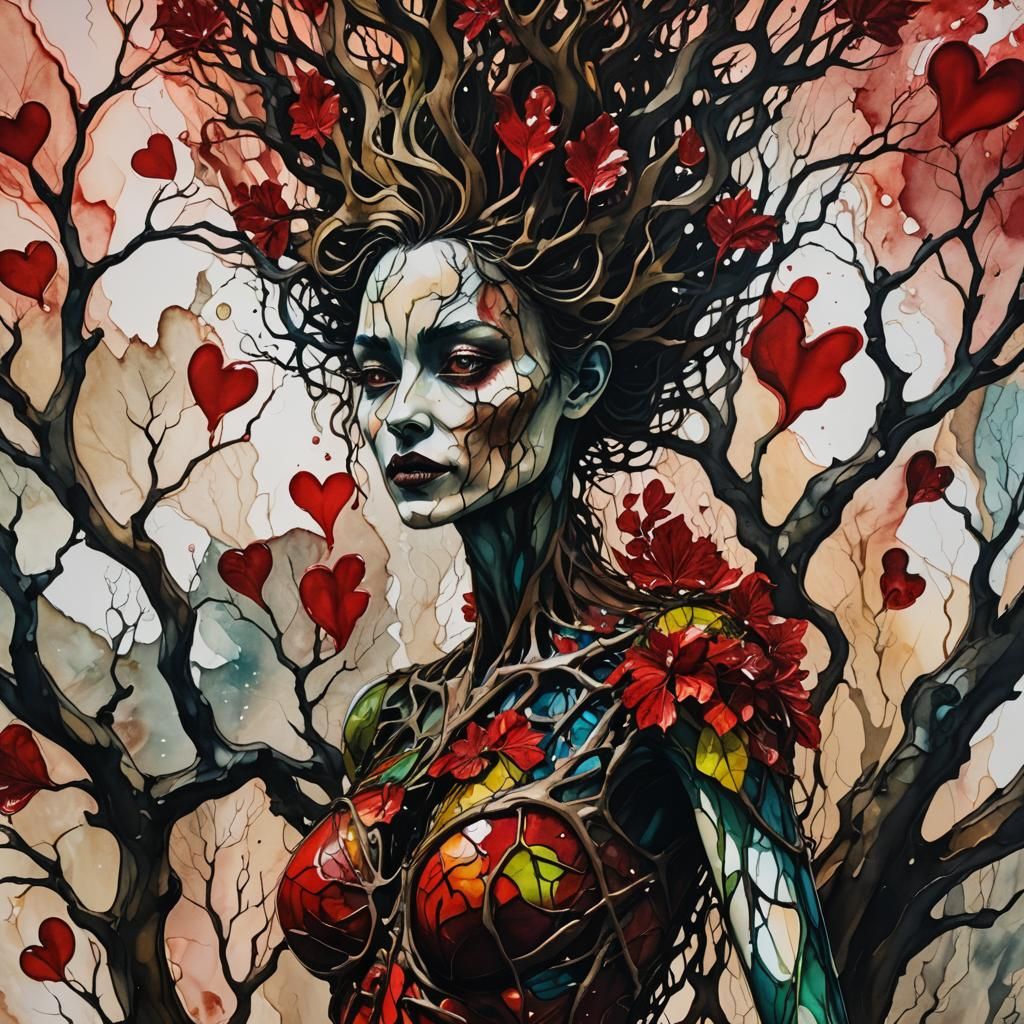 Mysterious Woman Born from Twisted Tree Shards in Vibrant Cr...
