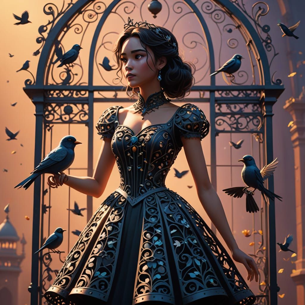 Woman in Wrought Iron Cage Dress: 3D Digital Art