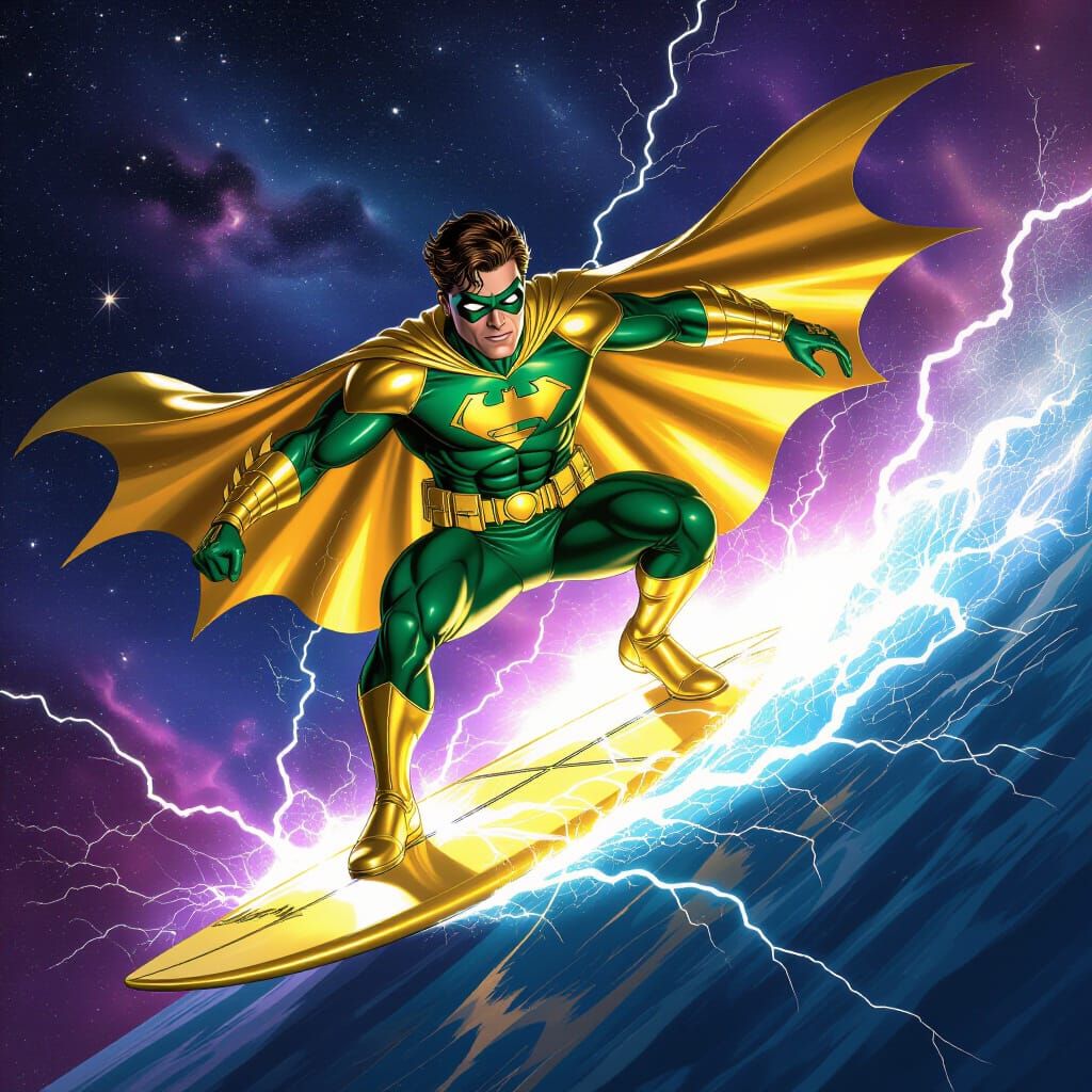 Robin Surfs Cosmic Lightning in Gold Suit
