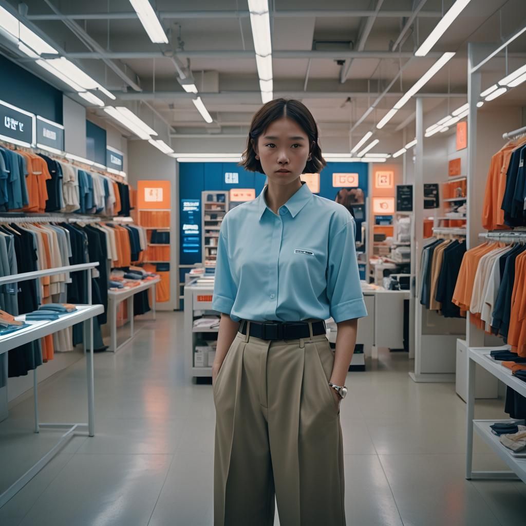 Confused Customer in Retro-Futuristic Uniqlo Fitting Room