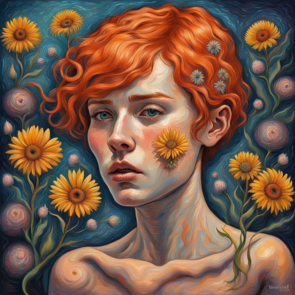 Psychedelic Impressionistic Portrait with Astral Flowers