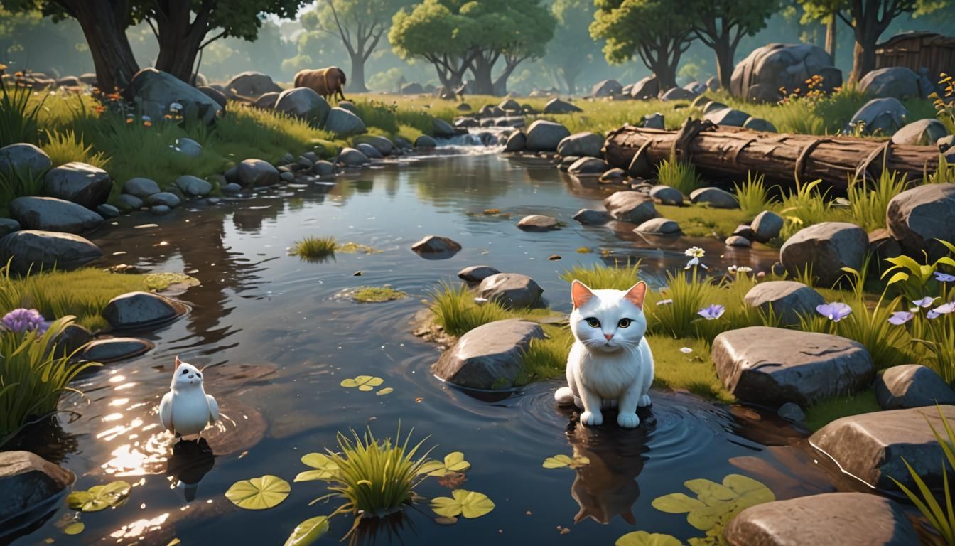 Cute Cartoon Cat with Buffalo and Egret