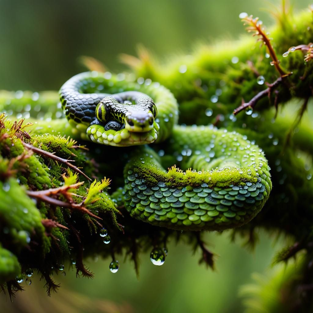 Moss Snake in Lush Forest: Surreal Macro Photography