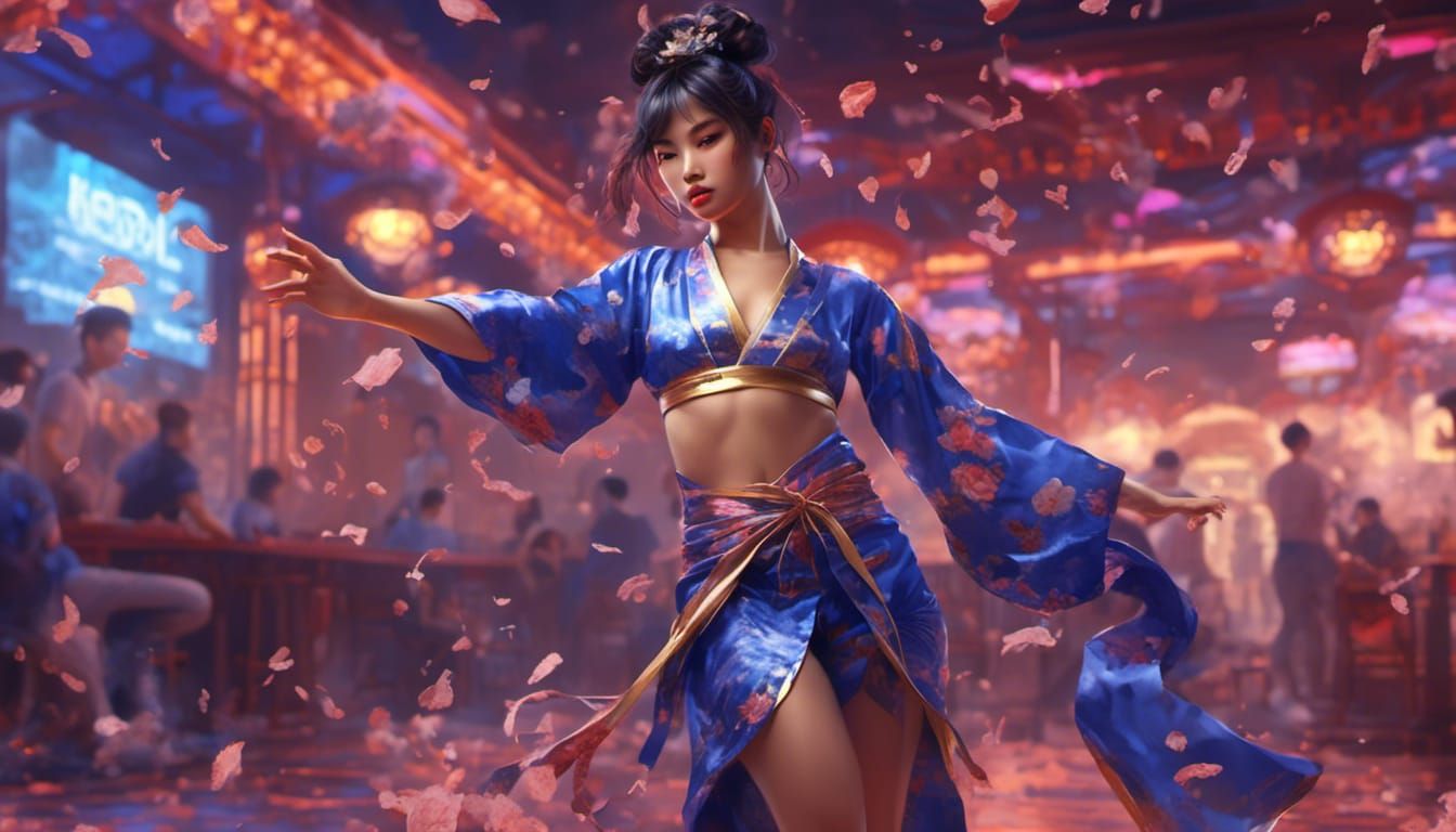 Asian Woman Dances in Torn Kimono, Hyperrealism